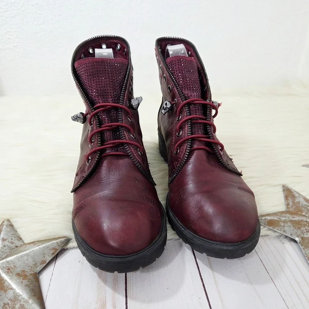 Gianni Bini Fire-worx Boots Spiced Wine Red Studded Skull Lace-up Gunmetal Sz 8